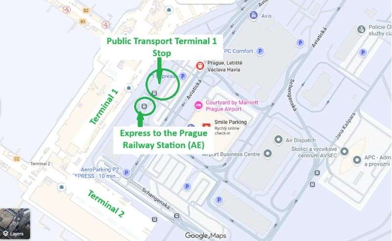 Google map fragment with marked stop for Airport Express bus
