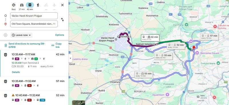 Google Maps screenshot showing public transport routes from Prague Airport to Old Town Square