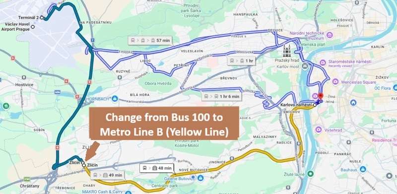 Google Maps screenshot showing the route from Prague Airport to New City using Bus 100 and Metro Line B