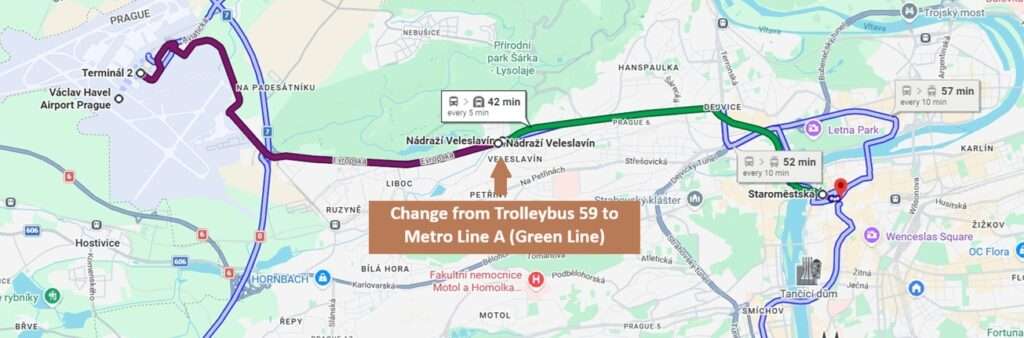 Google Maps screenshot showing the route from Prague Airport to downtown using Trolleybus 59 and Metro Line A