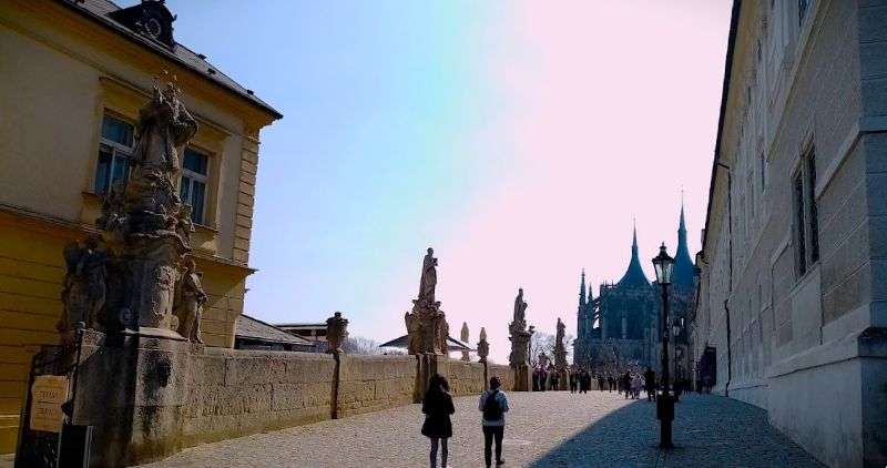 Barborská Street in Kutná Hora, Jesuit College on the right, St. Barbara's Church in the background