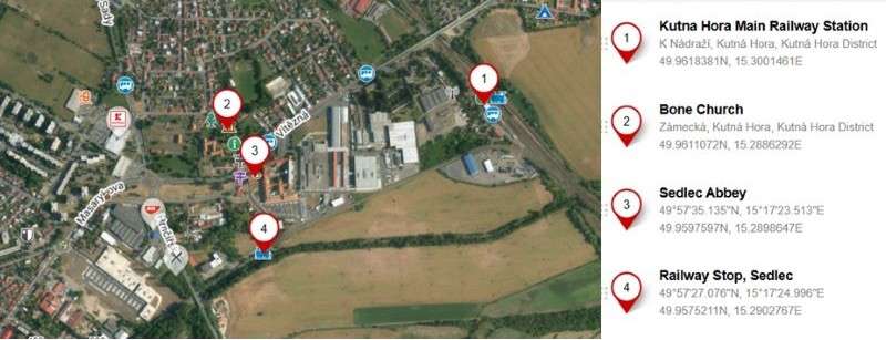 A map of Kutná Hora with markers for the Bone Church, Sedlec Abbey, and both railway stations, pointing out where to board the train shuttle to the historic center