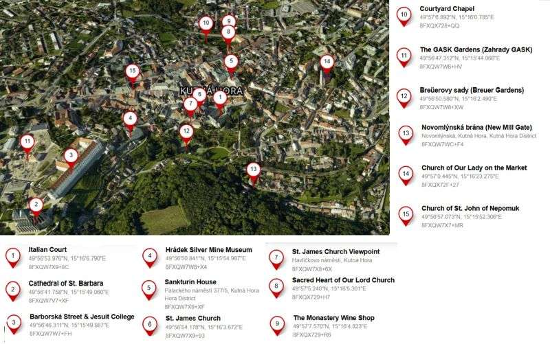 Kutna Hora map with marked touristic attractions in the Old and Internal City