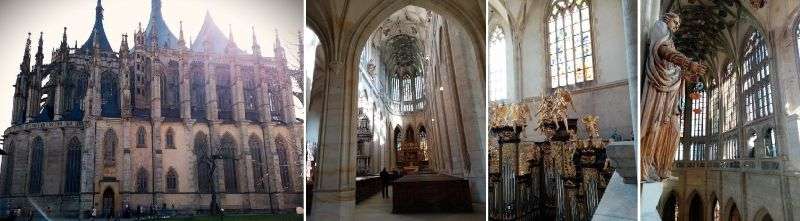 St. Barbara's Church outside and  interior features intricate vaulted ceilings, colorful medieval frescoes, and a blend of Gothic and Baroque design elements.