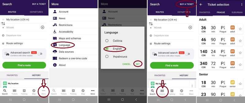 Step-by-step screenshots of the Prague PID Litacka mobile app showing how to change language settings and buy a public transport ticket.