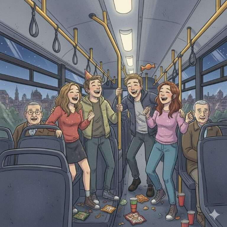 Picture of a group of young people laughing on a tram at night