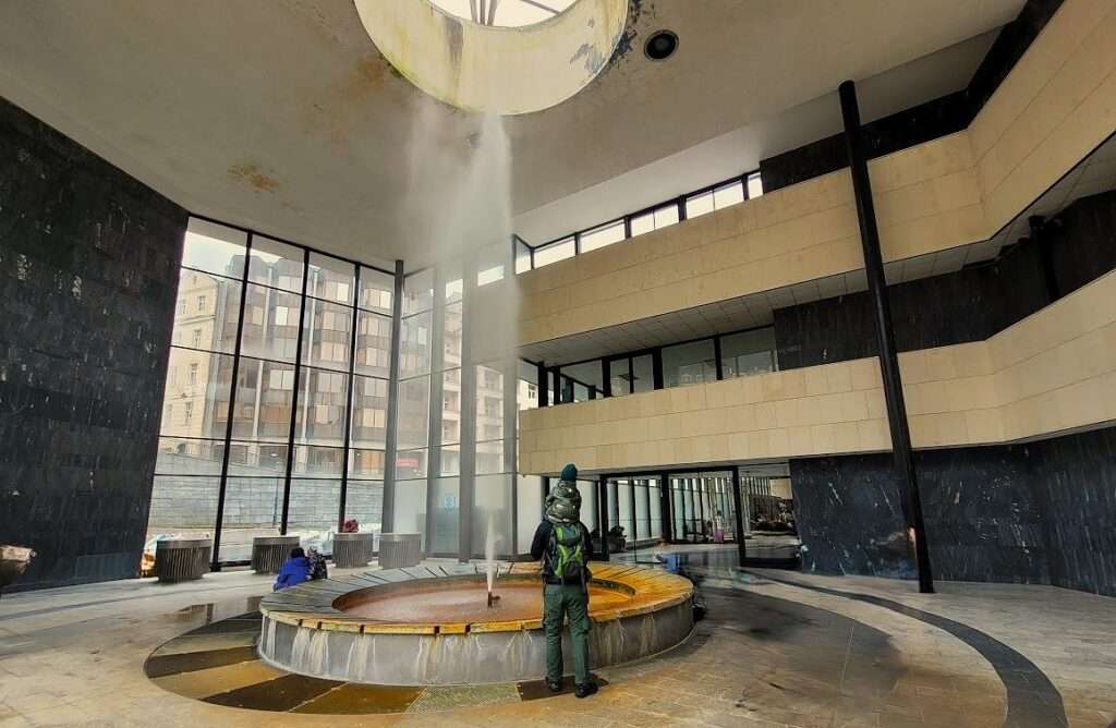 From Prague to Karlovy Vary to see famous colonnades and natural mineral water sources . This is Hot Spring Colonnade