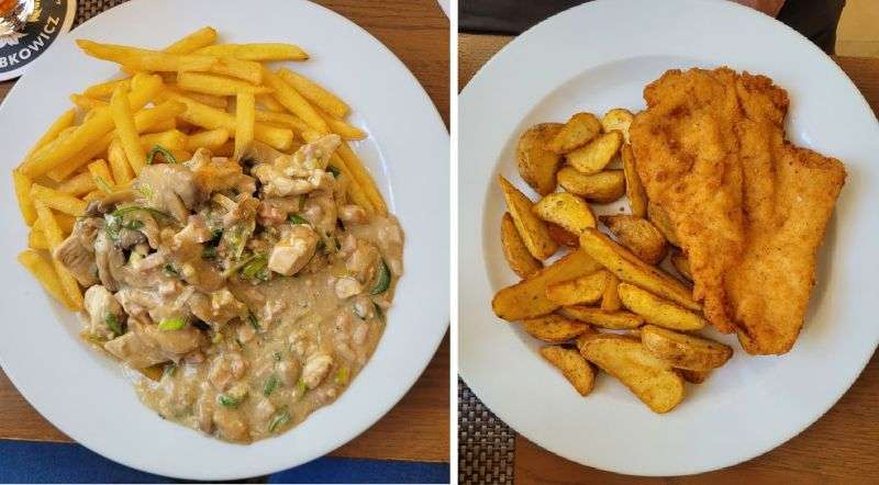Two plates: chicken schnitzel with potato wedges and chicken with mushroom cream sauce and french fries