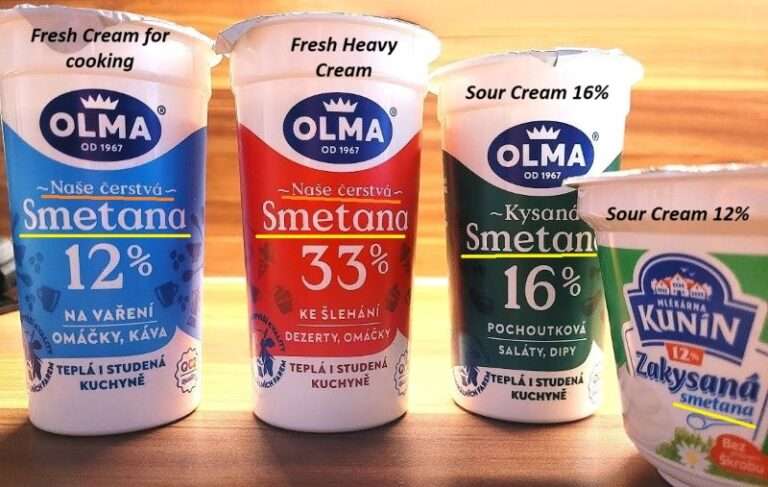 Three types of Czech smetana (cream): cooking cream, whipping cream, and zakysaná (sour) cream