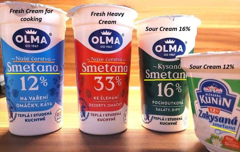 Czech Cream types: for cooking, for whipping and sour 