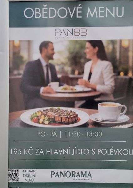 Advertisement for Hotel Panorama restaurant offering a lunch menu with soup and main course for 195 CZK.