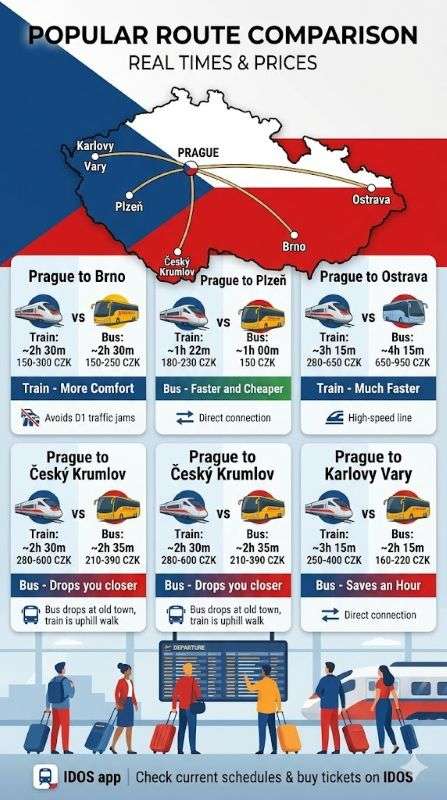 An infographic titled 'POPULAR ROUTE COMPARISON,' illustrating a map of the Czech Republic with travel lines extending from Prague to five other cities, each featuring a detailed breakdown of estimated times and prices for both train and bus trave