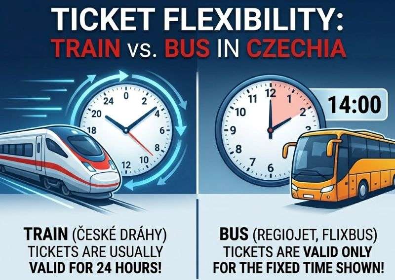 Train vs Bus in Czechia ticket flexibility comparison showing a flexible 24 hour national train ticket next to a fixed time bus ticket