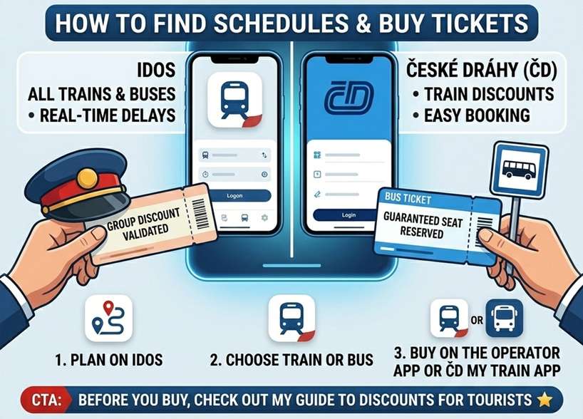 Czechia travel planning cheatsheet infographic showing how to find schedules on the IDOS app and buy tickets on operator apps