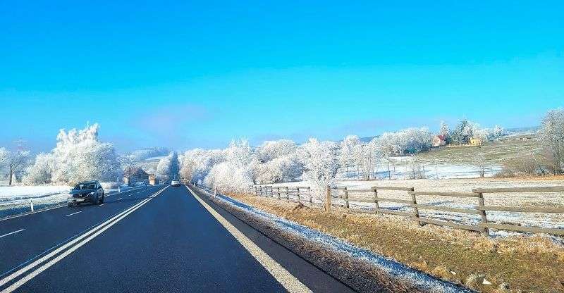 Winter road, fields and trees under snow
