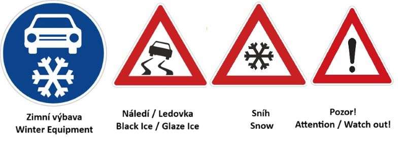 Road signs for winter travel in the Czech Republic winter equipment, Black (Glaze) ice, Snow, Attention