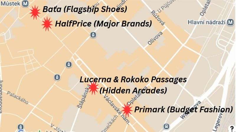 Map of Vaclavske namesti with marked shops for Shopping in Prague