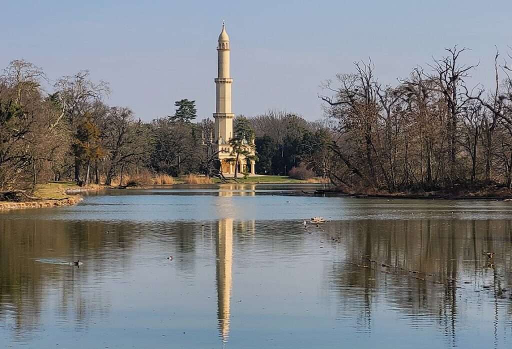 The Lednice Minaret - view from park across the lake  