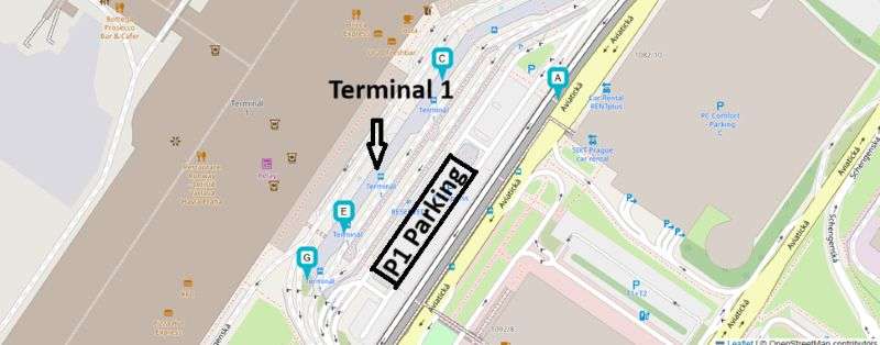 Map of Prague Airport Terminal 1 showing the designated parking area for Bolt and Liftago ride-sharing services