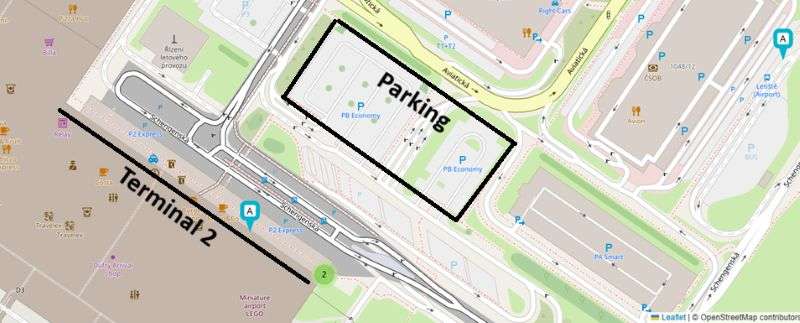 Map of Prague Airport Terminal 2 showing the designated parking area for Bolt and Liftago ride-sharing services