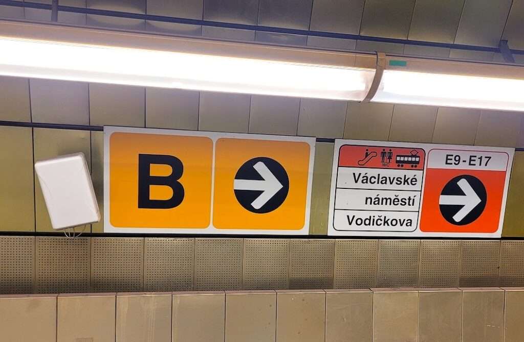 Signs help you navigate the Prague Metro