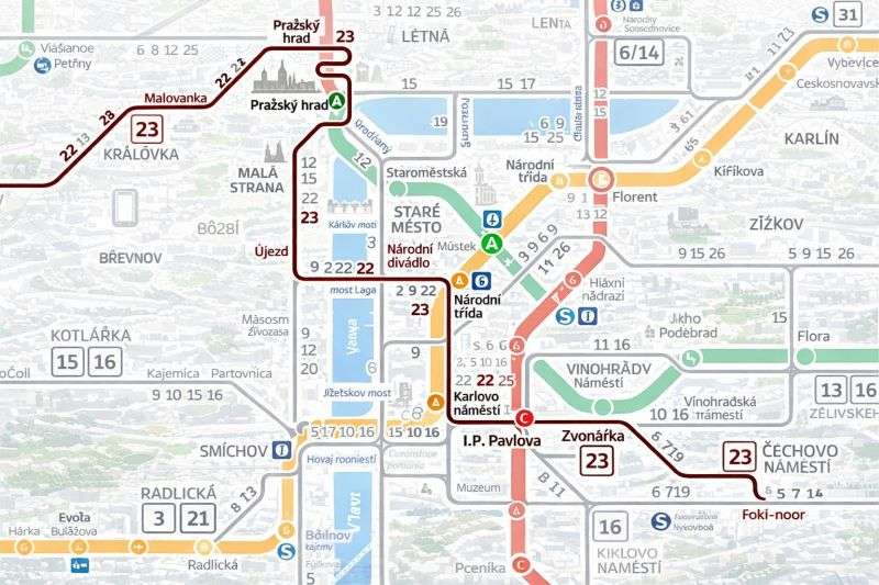 Prague tram 23 map 