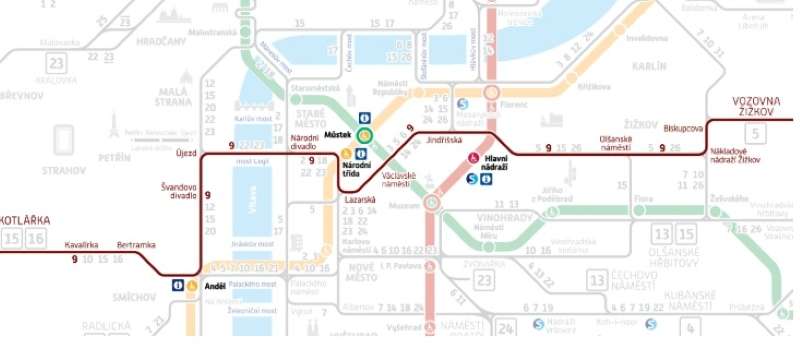 Prague tram 9 map