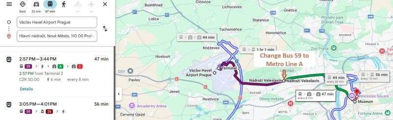 Google Maps screenshot showing the way to get from Prague Airport to Prague Main Railway Station using Bus 59 and Metro Line A