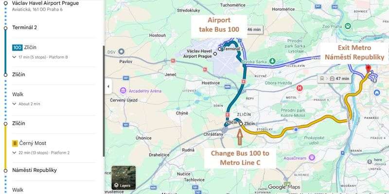 Google Maps screenshot showing the way to get from Prague Airport to Prague Main Railway Station using Bus 100 and Metro Line B