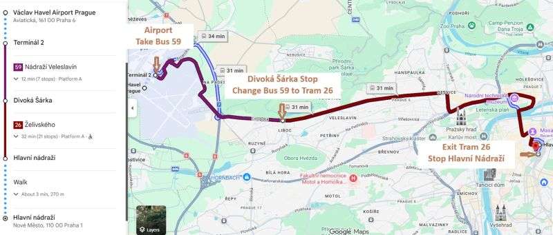 Google Maps screenshot showing the way to get from Prague Airport to Prague Main Railway Station using Bus 59 and Tram 26
