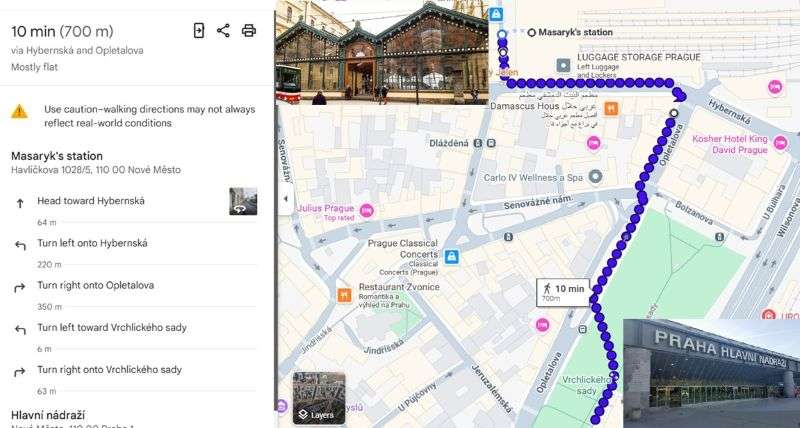 Walking route map from the Masarik Train Station to Prague Main Railway Station