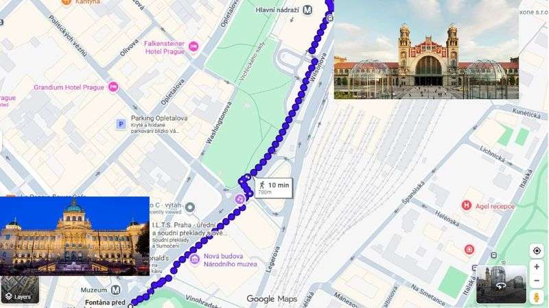 Walking route map from the National Museum to Praha hlavní nádraží