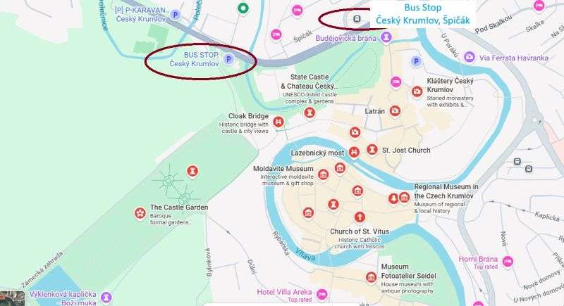 Part of Český Krumlov Google map screenshot showing the historical part on the city and Bus stops location
