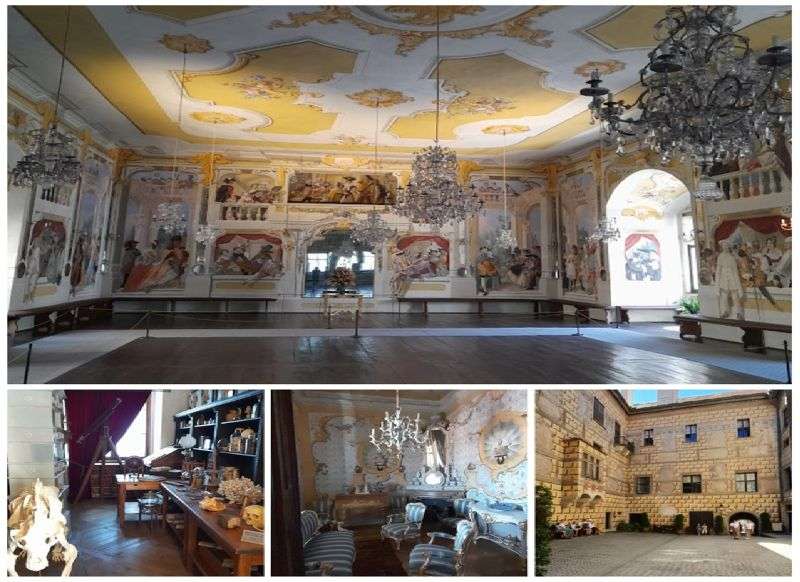 A collage of Cesky Krumlov Castle interiors showing the large Masquerade Ballroom at the top, and three smaller images of an alchemist room, a historic sitting room, and a Renaissance courtyard below.