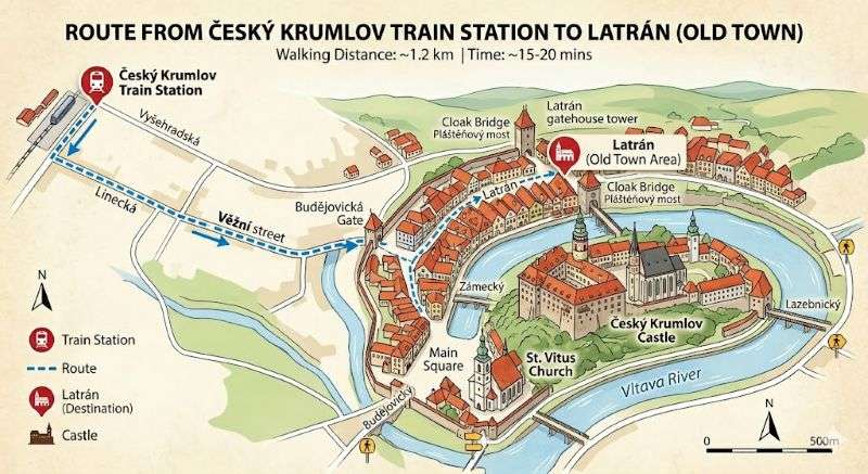 Walk route map from Cesky Krumlov train station to the Old Town