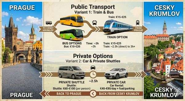 Infografic: How to get to Cesky Krumlov from Prague. Using Public Transport (bus or train) and Privat Options (Car and Privat Shuttle)