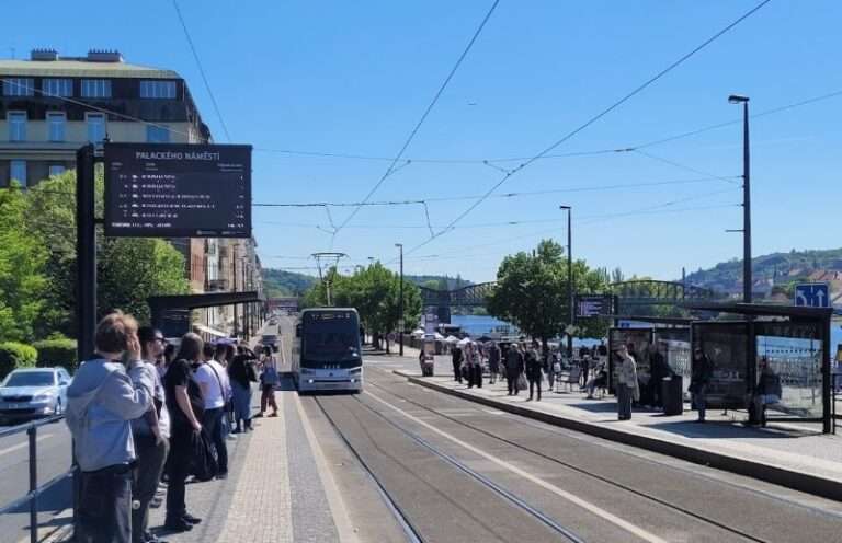 Prague tram stop "Palackeho Namesti" (Palacký Square) and a tram 15