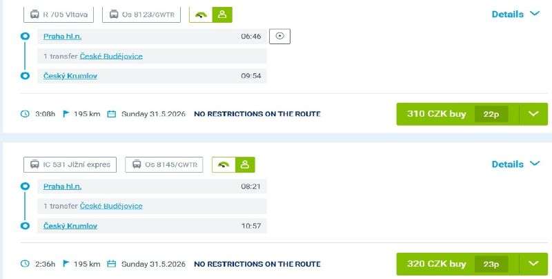 České dráhy websites screenshot showing two variants of going from Prague to Cesky Krumlov by train with one transfer in České Budějovice