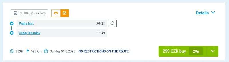 Direct Train Prague-Cesky Krumlov schedule screenshot