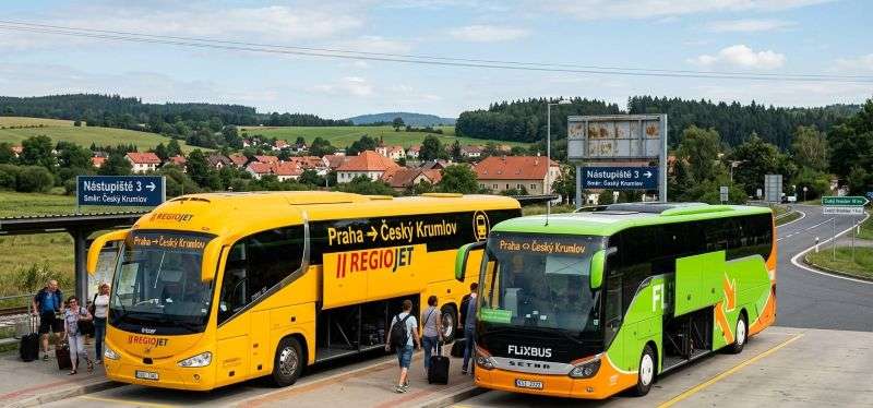 how to get from prague to cesky krumlov by bus: RegioJet (yellow bus) and FlixBus (green bus)