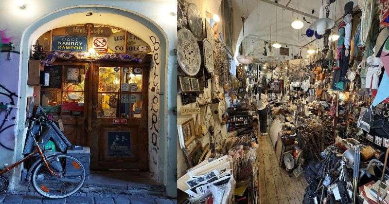 Bric-a-Brac Antiques shop in center of Prague, outside, inside