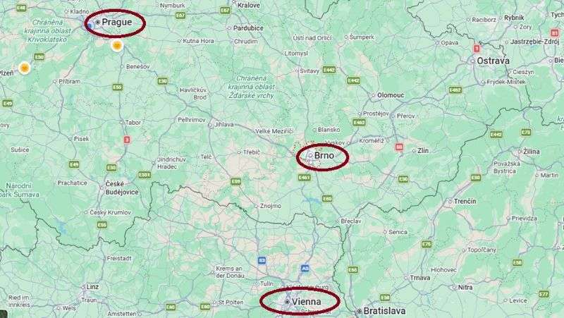 Map displays Prague, Brno, and Vienna.