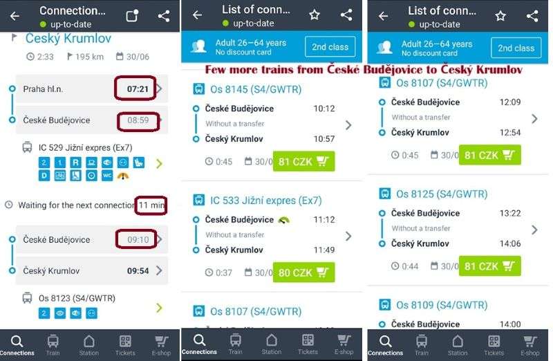 MyVlak screenshots expalining the finding possible trains to change