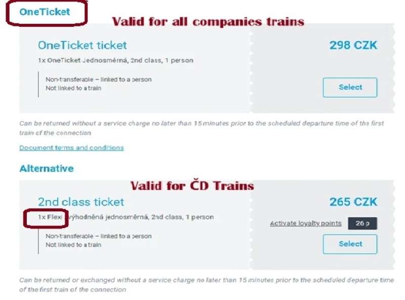 ČD web screenshot showing the difference between "One ticket" and Flexi Ticket price