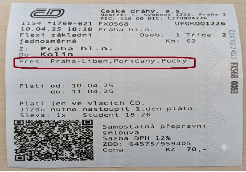 Czech train ticket with lined "pres" part