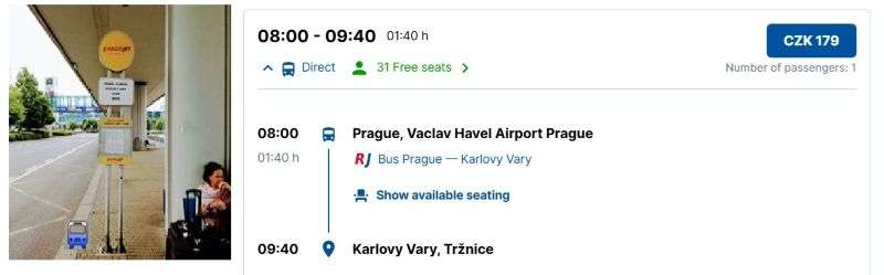 RegioJet stop on Prague Airport, screenshot of direct route from Airport to Karlovy Vary
