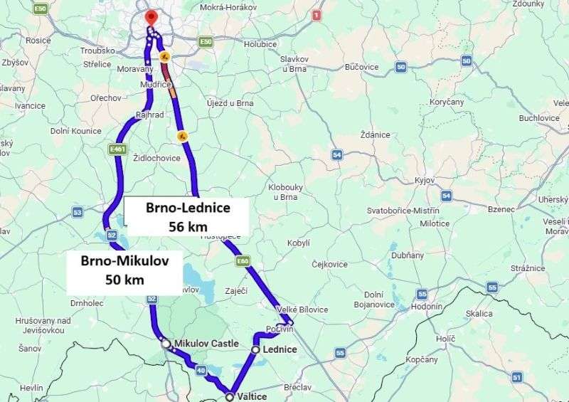 How to go to Lednice, Valtice, Mikulov by car map. Two routes: Brno-Lednice (56 km) or Brno-Mikulov (50 km)