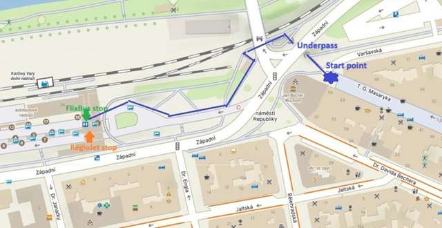 Karlovy Vary map fragment with walking route to the Bus Terminal, FlixBus and RegioJet bus stops marked