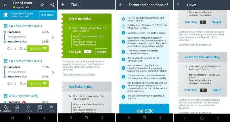 Můj Vlak app screenshots showing an example of a Prague-to-Kutná Hora ticket and its terms and conditions