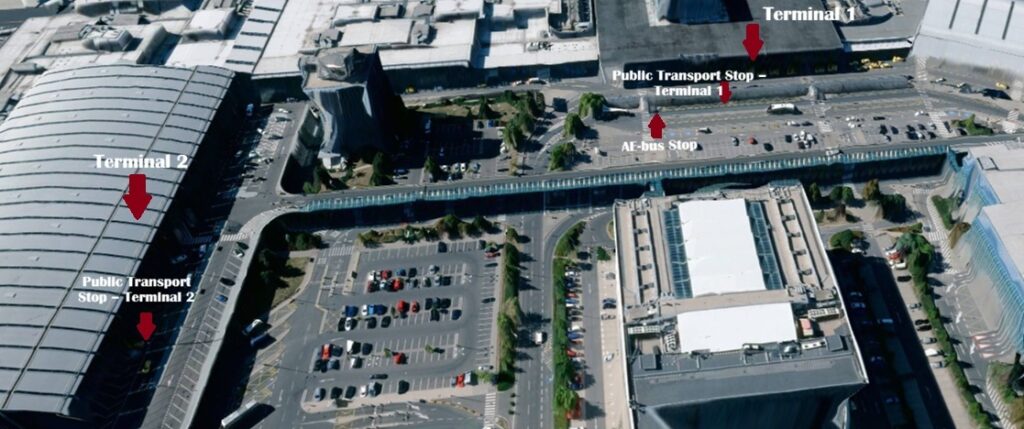 Map showing public transport stops outside Terminal 1 and Terminal 2 at Prague Airport
